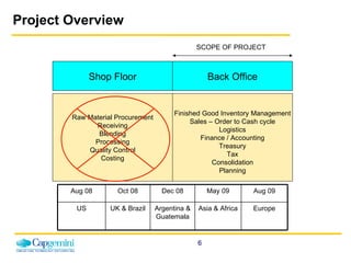 Project Overview Back Office Shop Floor SCOPE OF PROJECT Finished Good Inventory Management Sales – Order to Cash cycle Logistics Finance / Accounting Treasury Tax Consolidation Planning Raw Material Procurement Receiving Blending Processing Quality Control Costing Aug 08 Oct 08 Dec 08 May 09 Aug 09 US UK & Brazil Argentina & Guatemala Asia & Africa Europe 