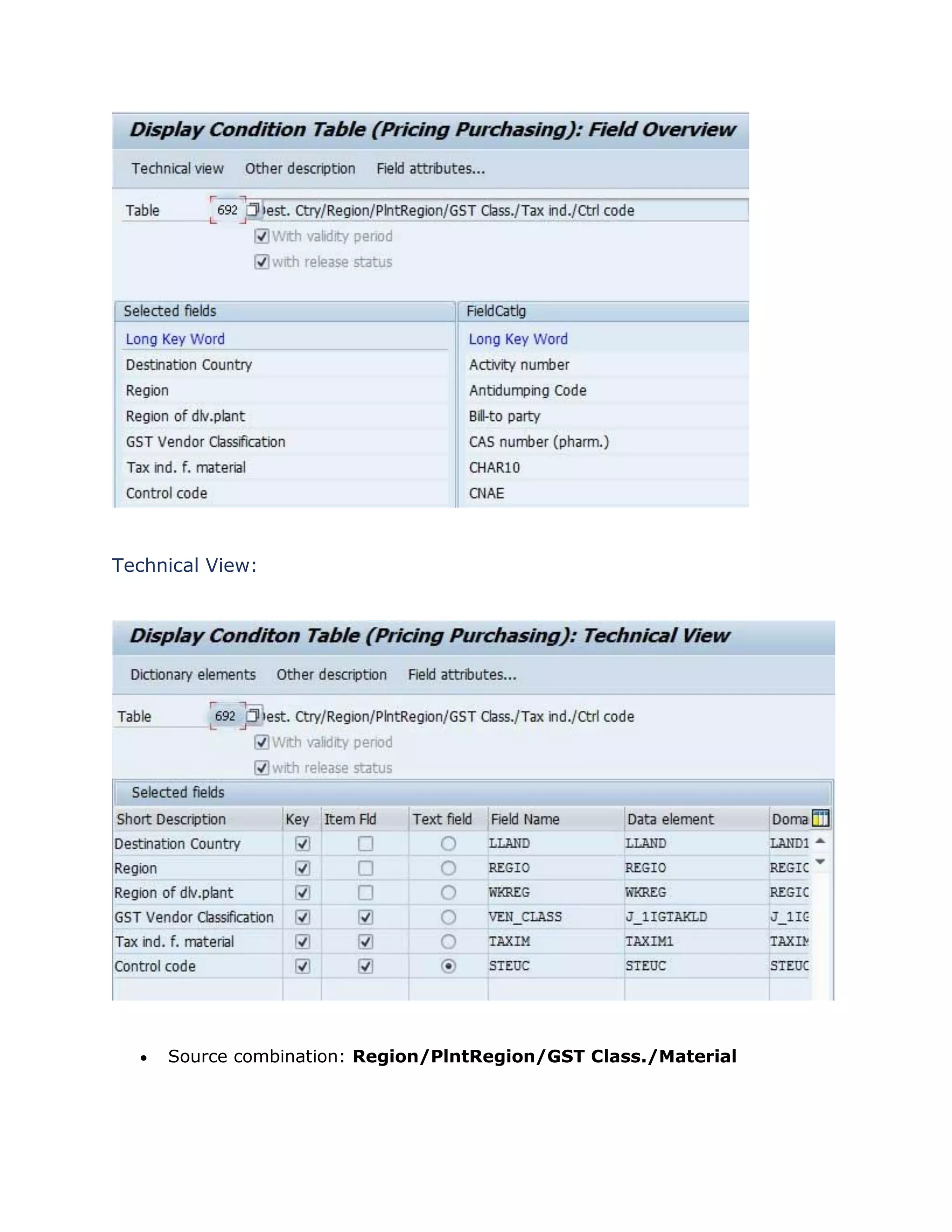 Technical View:
 Source combination: Region/PlntRegion/GST Class./Material
 