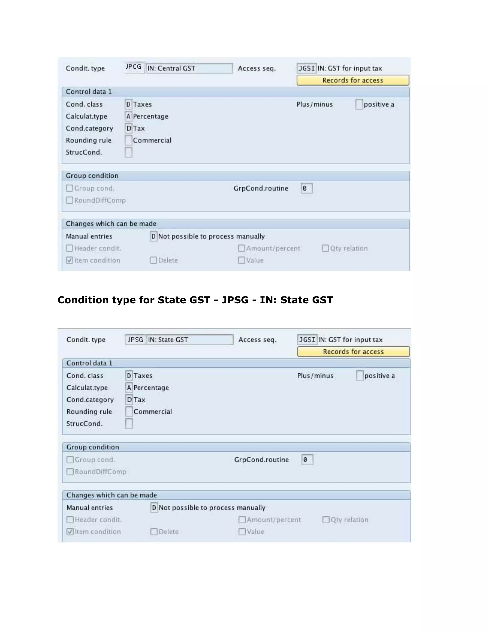 Condition type for State GST - JPSG - IN: State GST
 