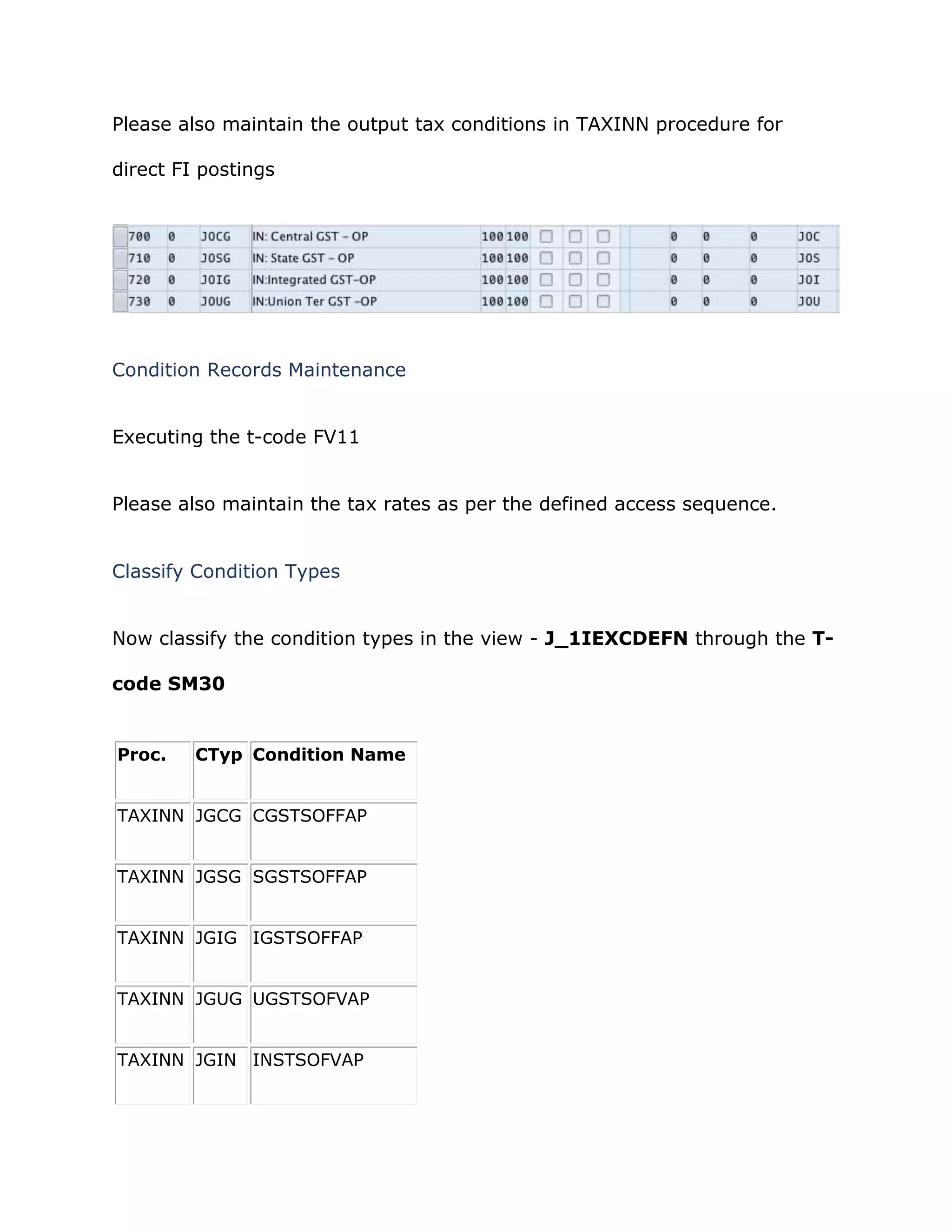 Please also maintain the output tax conditions in TAXINN procedure for
direct FI postings
Condition Records Maintenance
Executing the t-code FV11
Please also maintain the tax rates as per the defined access sequence.
Classify Condition Types
Now classify the condition types in the view - J_1IEXCDEFN through the T-
code SM30
Proc. CTyp Condition Name
TAXINN JGCG CGSTSOFFAP
TAXINN JGSG SGSTSOFFAP
TAXINN JGIG IGSTSOFFAP
TAXINN JGUG UGSTSOFVAP
TAXINN JGIN INSTSOFVAP
 