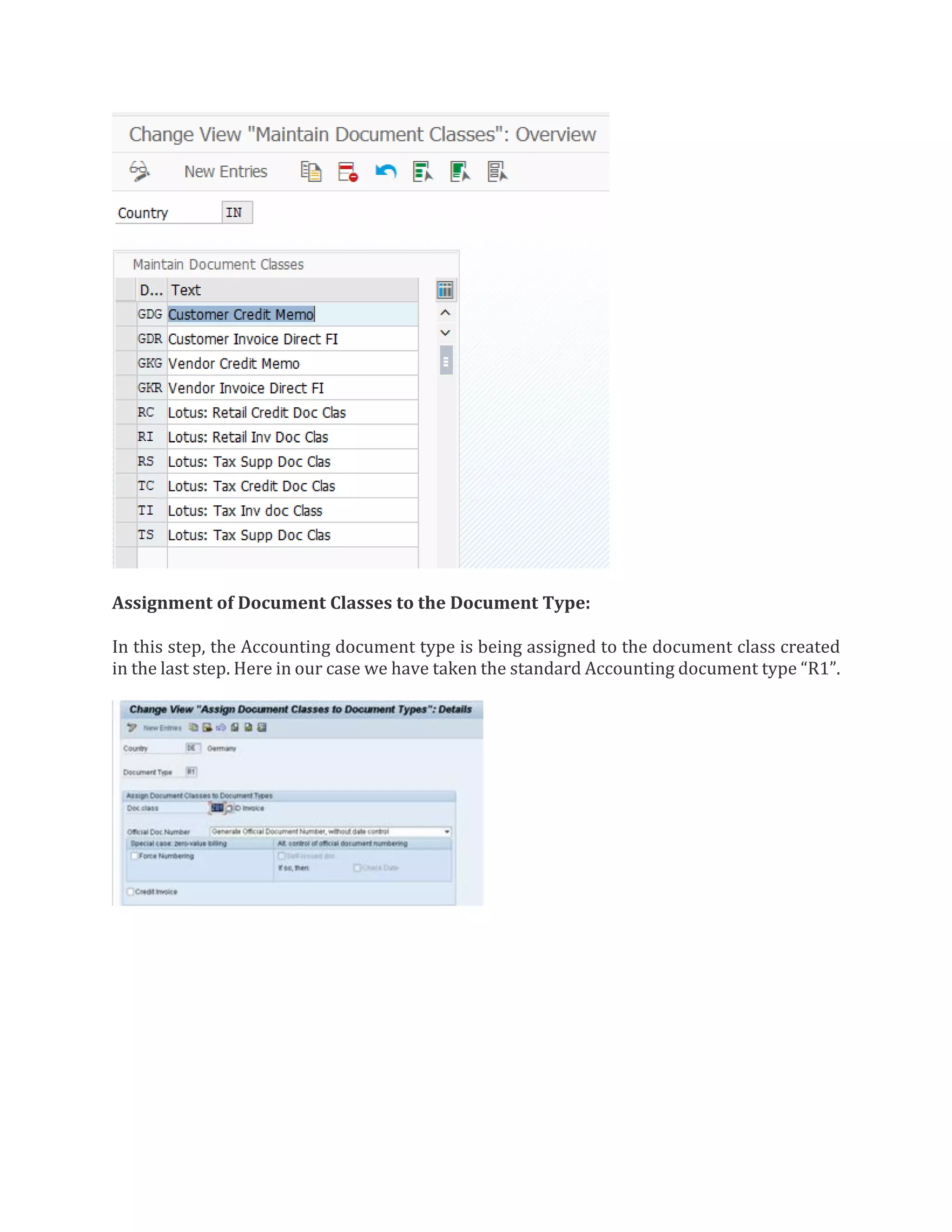 Assignment of Document Classes to the Document Type:
In this step, the Accounting document type is being assigned to the document class created
in the last step. Here in our case we have taken the standard Accounting document type “R1”.
 