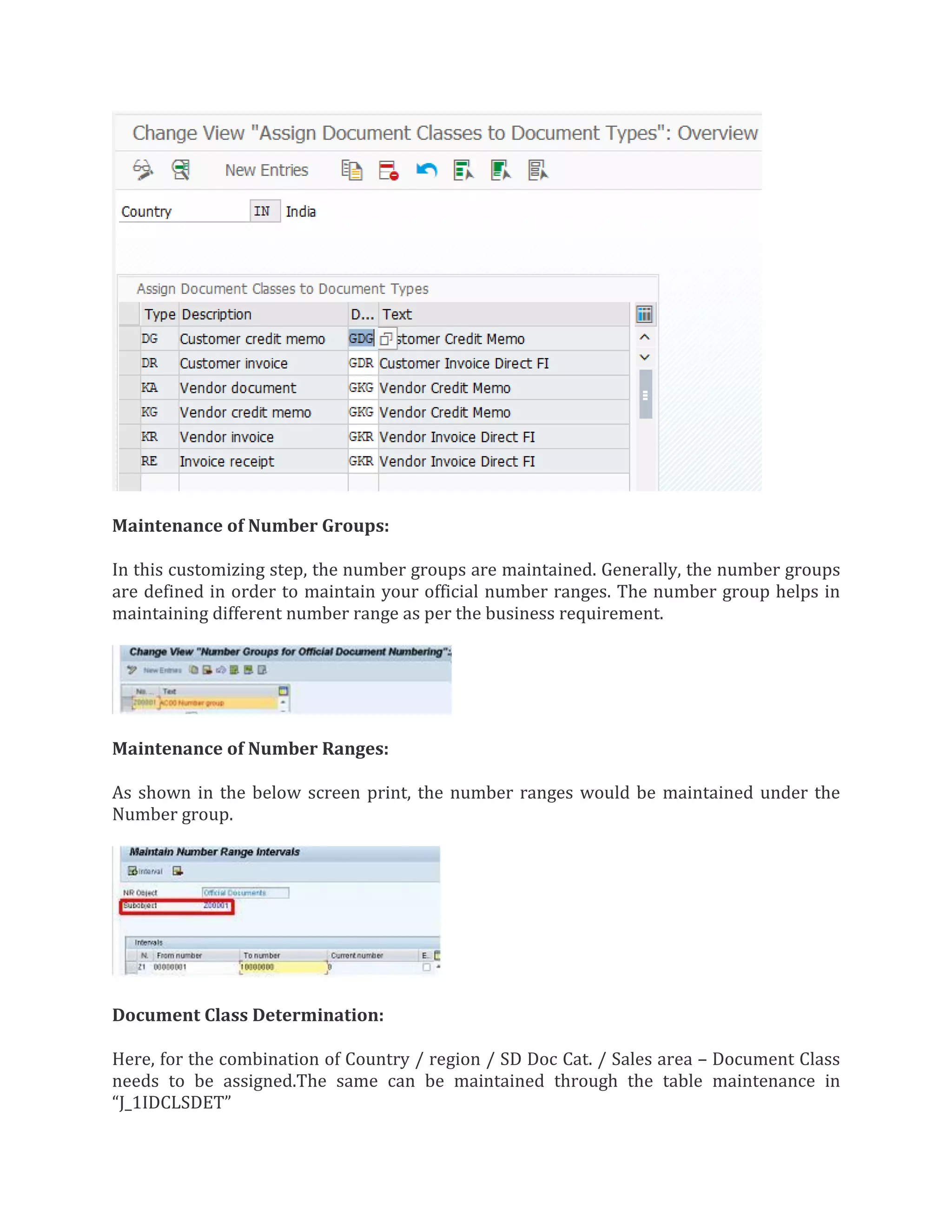 Maintenance of Number Groups:
In this customizing step, the number groups are maintained. Generally, the number groups
are defined in order to maintain your official number ranges. The number group helps in
maintaining different number range as per the business requirement.
Maintenance of Number Ranges:
As shown in the below screen print, the number ranges would be maintained under the
Number group.
Document Class Determination:
Here, for the combination of Country / region / SD Doc Cat. / Sales area – Document Class
needs to be assigned.The same can be maintained through the table maintenance in
“J_1IDCLSDET”
 
