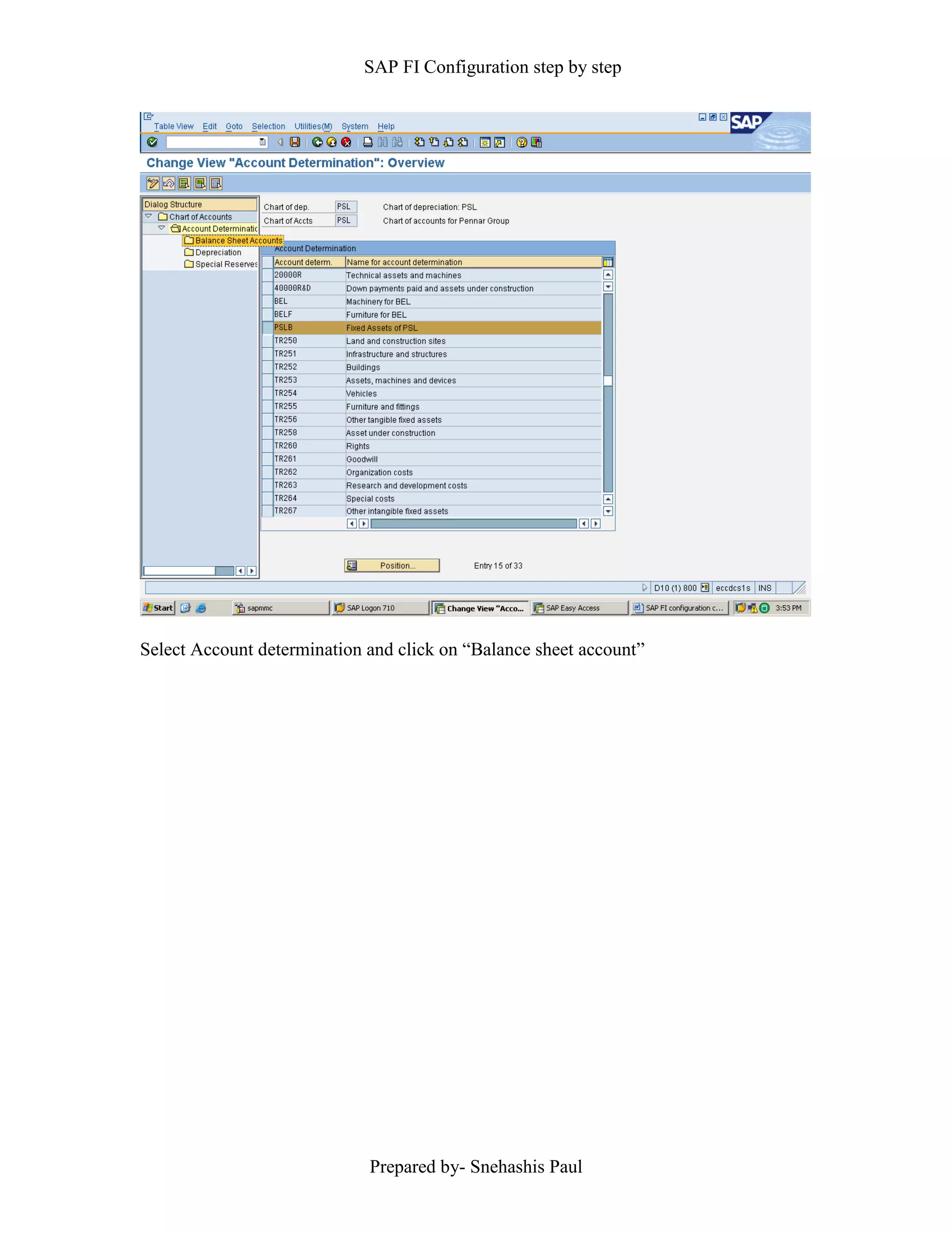 SAP FI Configuration step by step
Prepared by- Snehashis Paul
Select Account determination and click on “Balance sheet account”
 