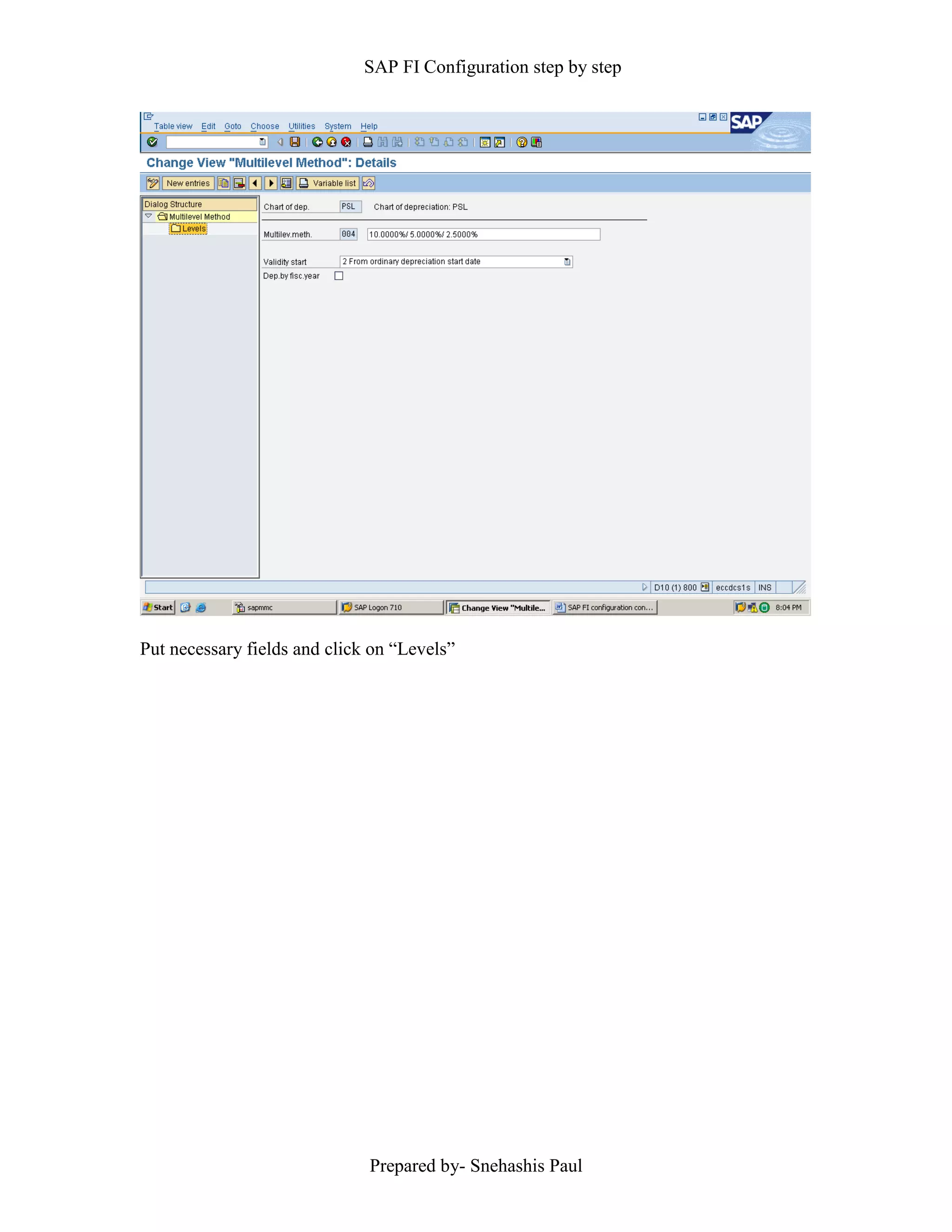 SAP FI Configuration step by step
Prepared by- Snehashis Paul
Put necessary fields and click on “Levels”
 