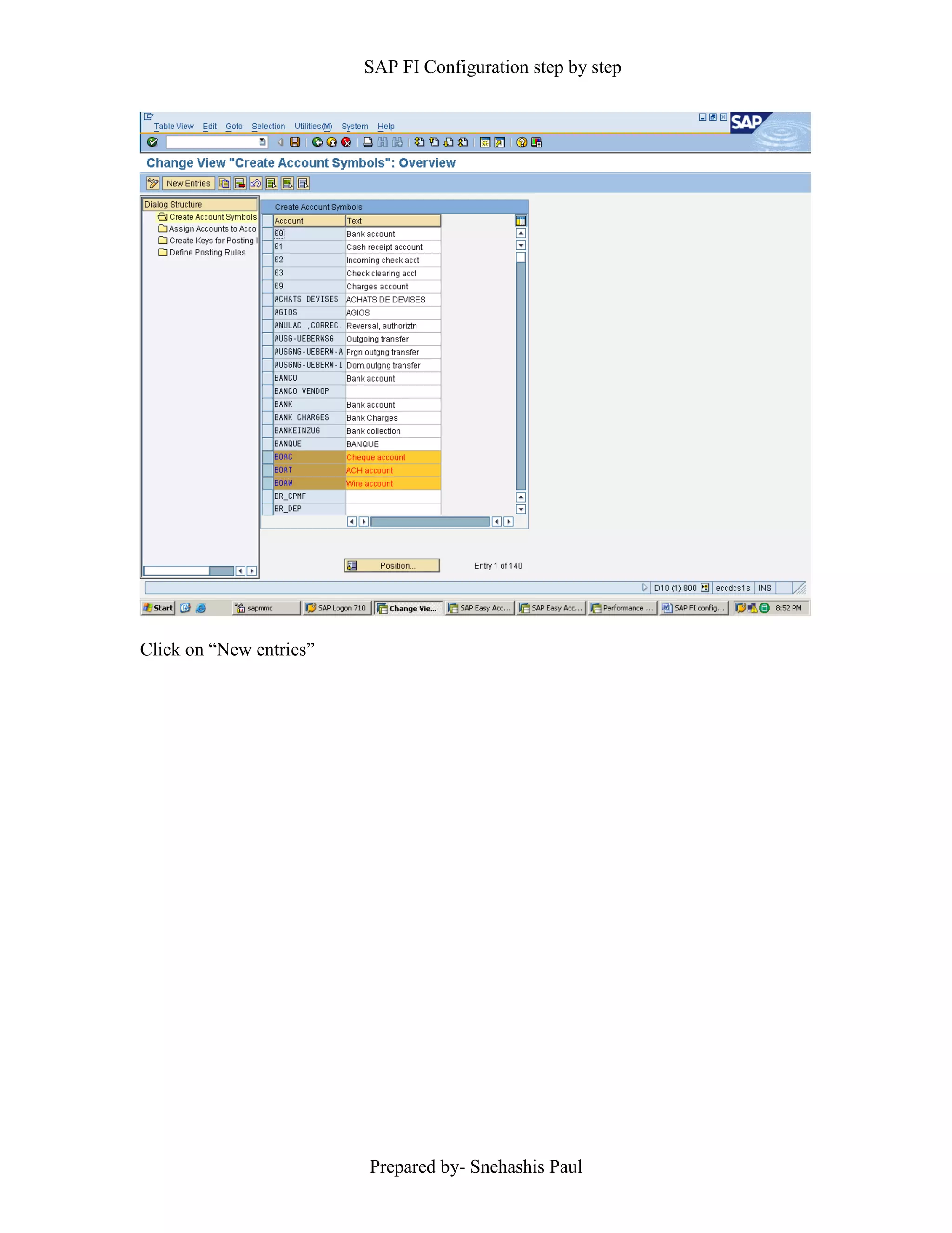 SAP FI Configuration step by step
Prepared by- Snehashis Paul
Click on “New entries”
 