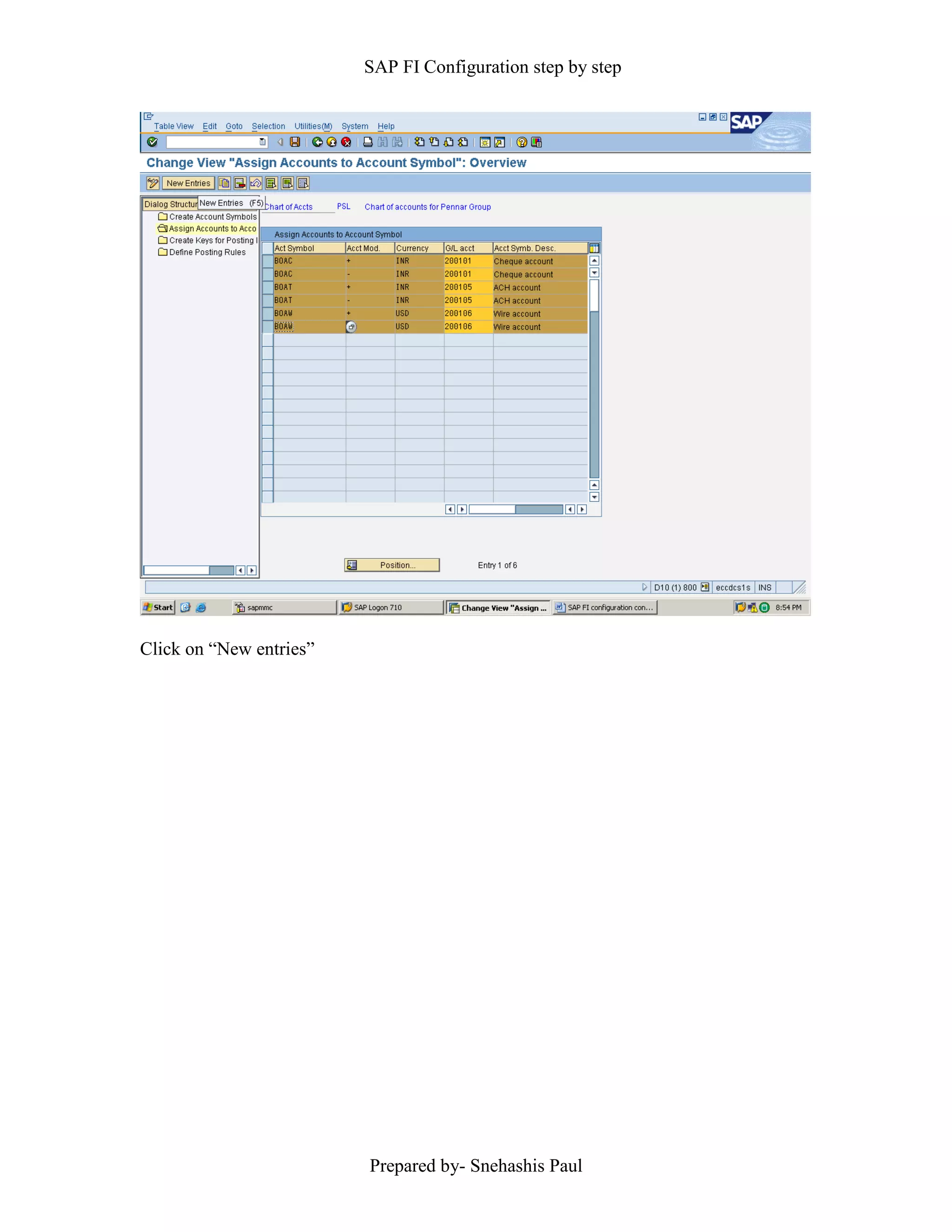 SAP FI Configuration step by step
Prepared by- Snehashis Paul
Click on “New entries”
 