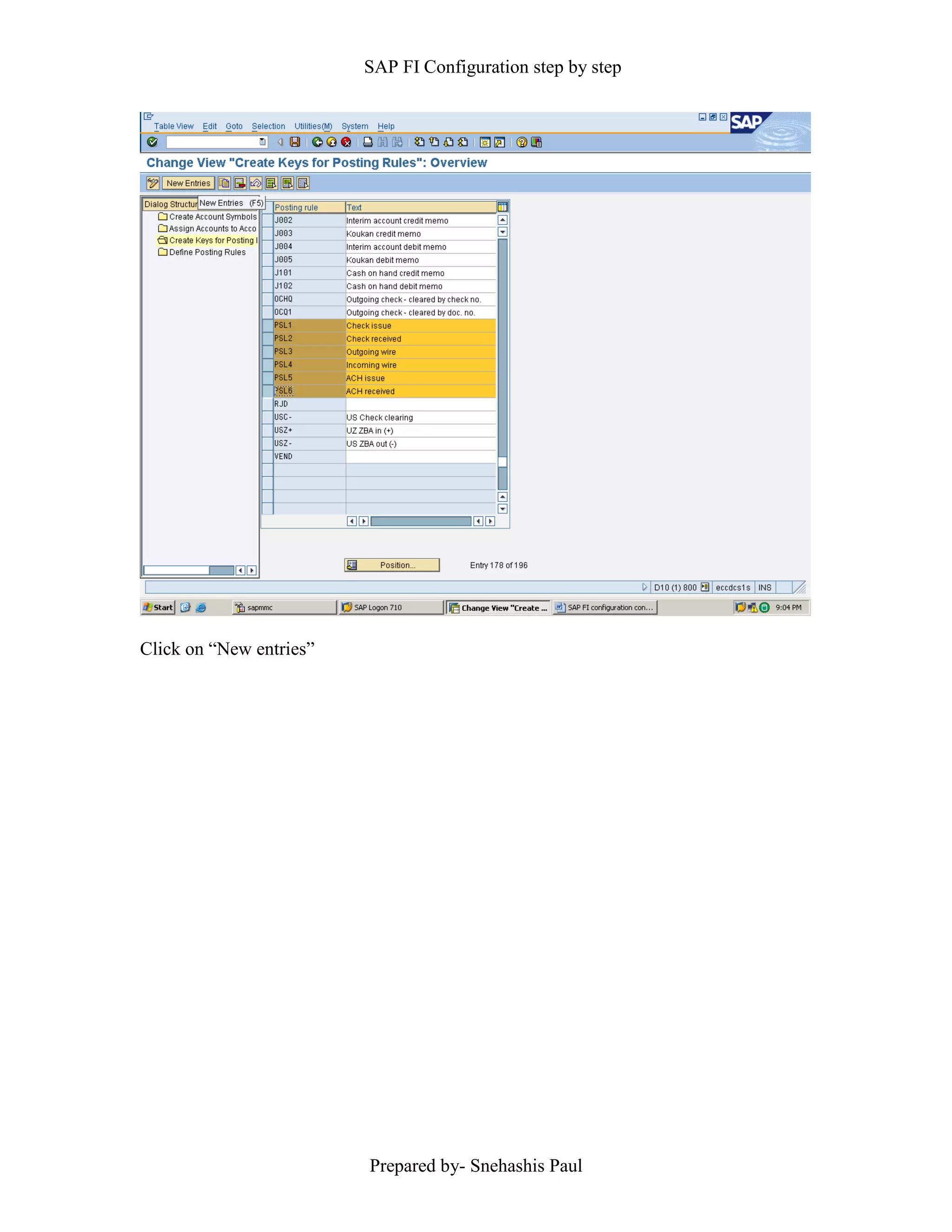 SAP FI Configuration step by step
Prepared by- Snehashis Paul
Click on “New entries”
 