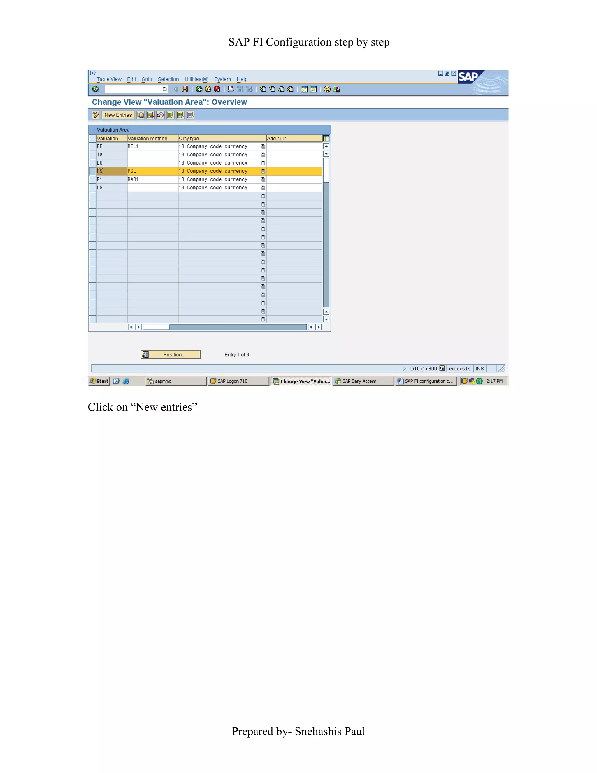 SAP FI Configuration step by step
Prepared by- Snehashis Paul
Click on “New entries”
 
