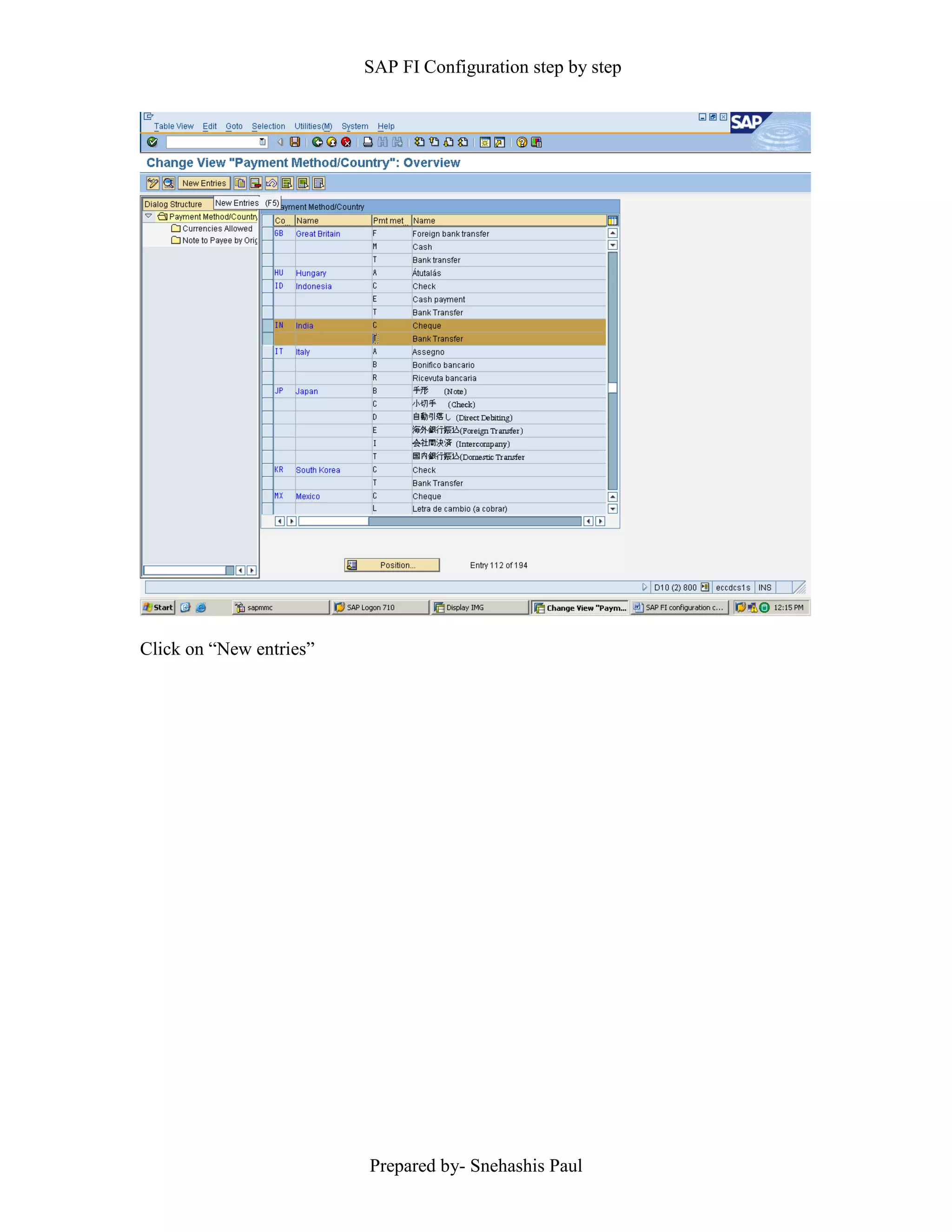SAP FI Configuration step by step
Prepared by- Snehashis Paul
Click on “New entries”
 