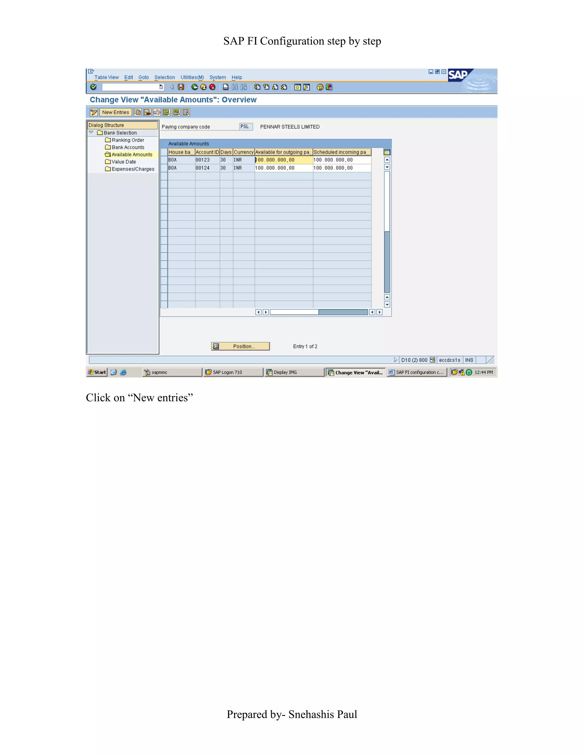 SAP FI Configuration step by step
Prepared by- Snehashis Paul
Click on “New entries”
 