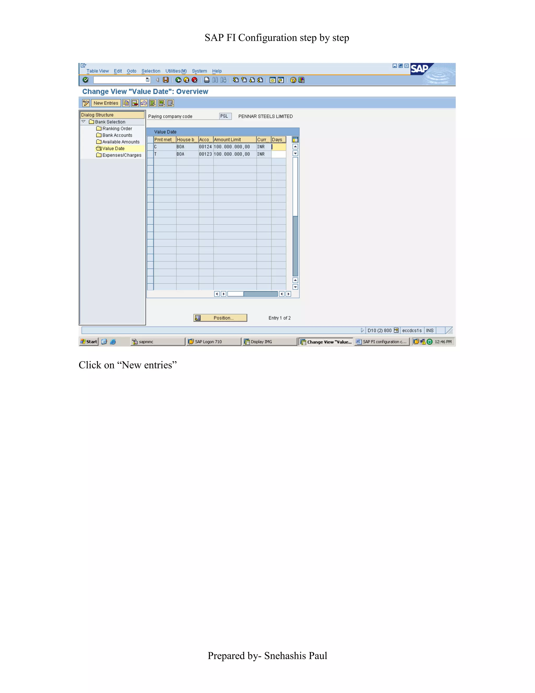 SAP FI Configuration step by step
Prepared by- Snehashis Paul
Click on “New entries”
 