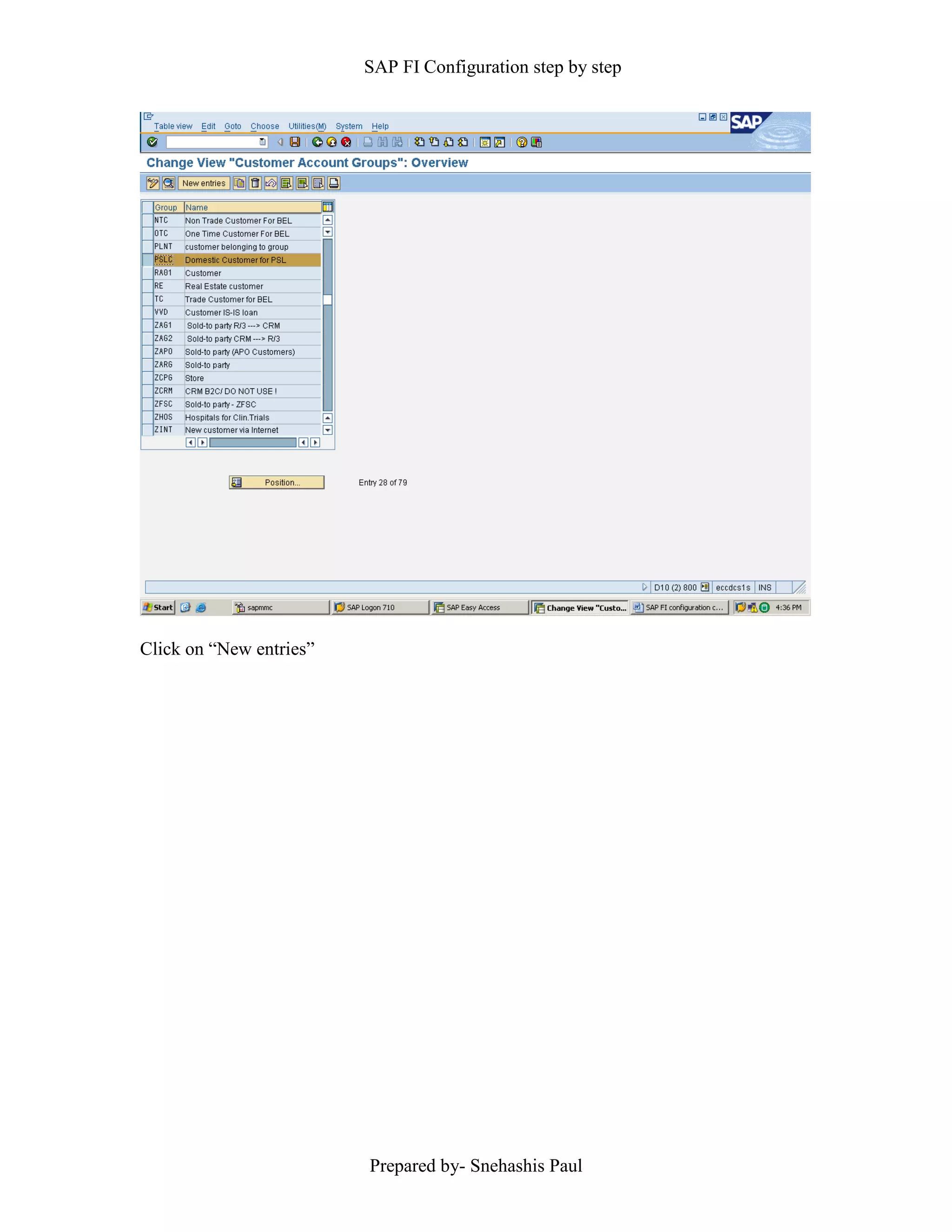 SAP FI Configuration step by step
Prepared by- Snehashis Paul
Click on “New entries”
 