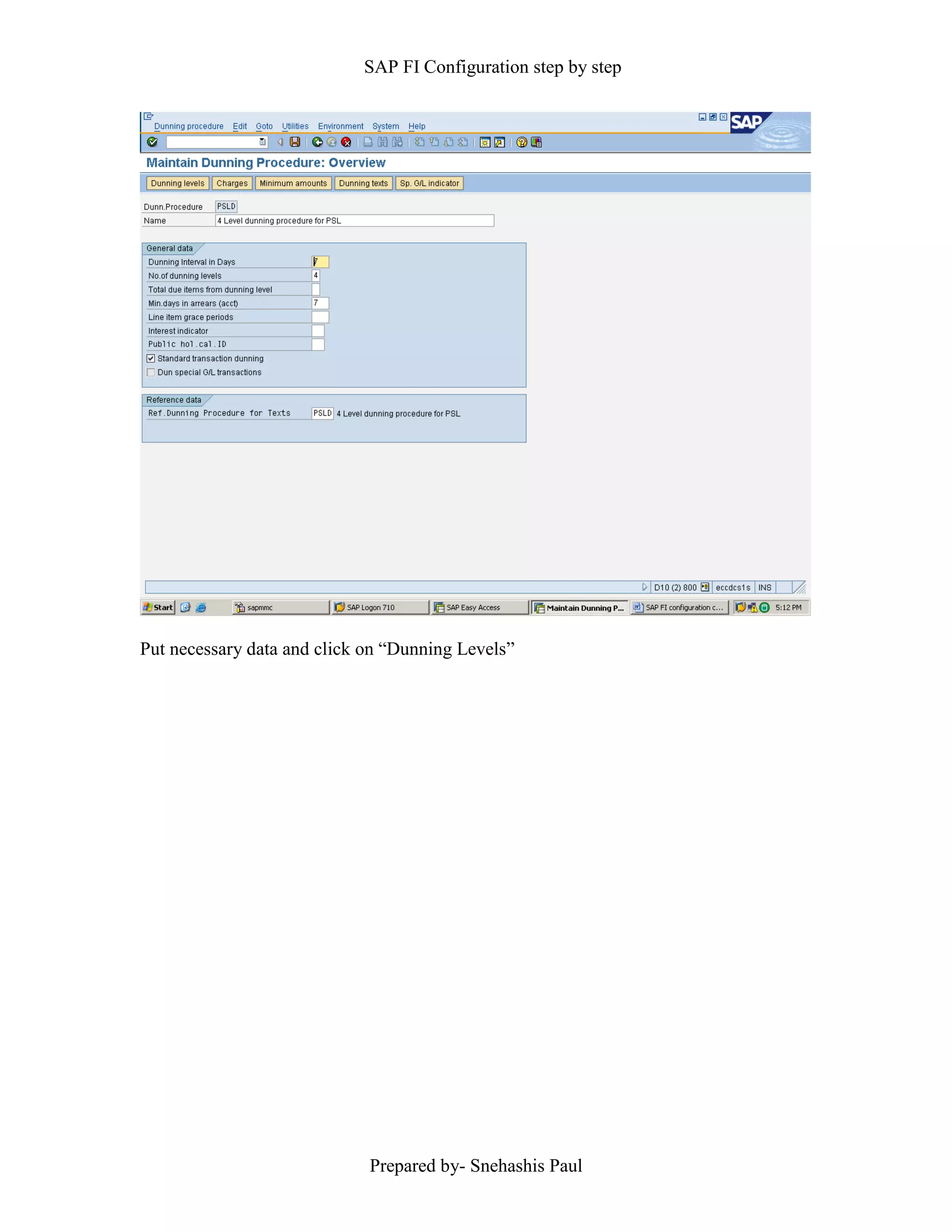 SAP FI Configuration step by step
Prepared by- Snehashis Paul
Put necessary data and click on “Dunning Levels”
 