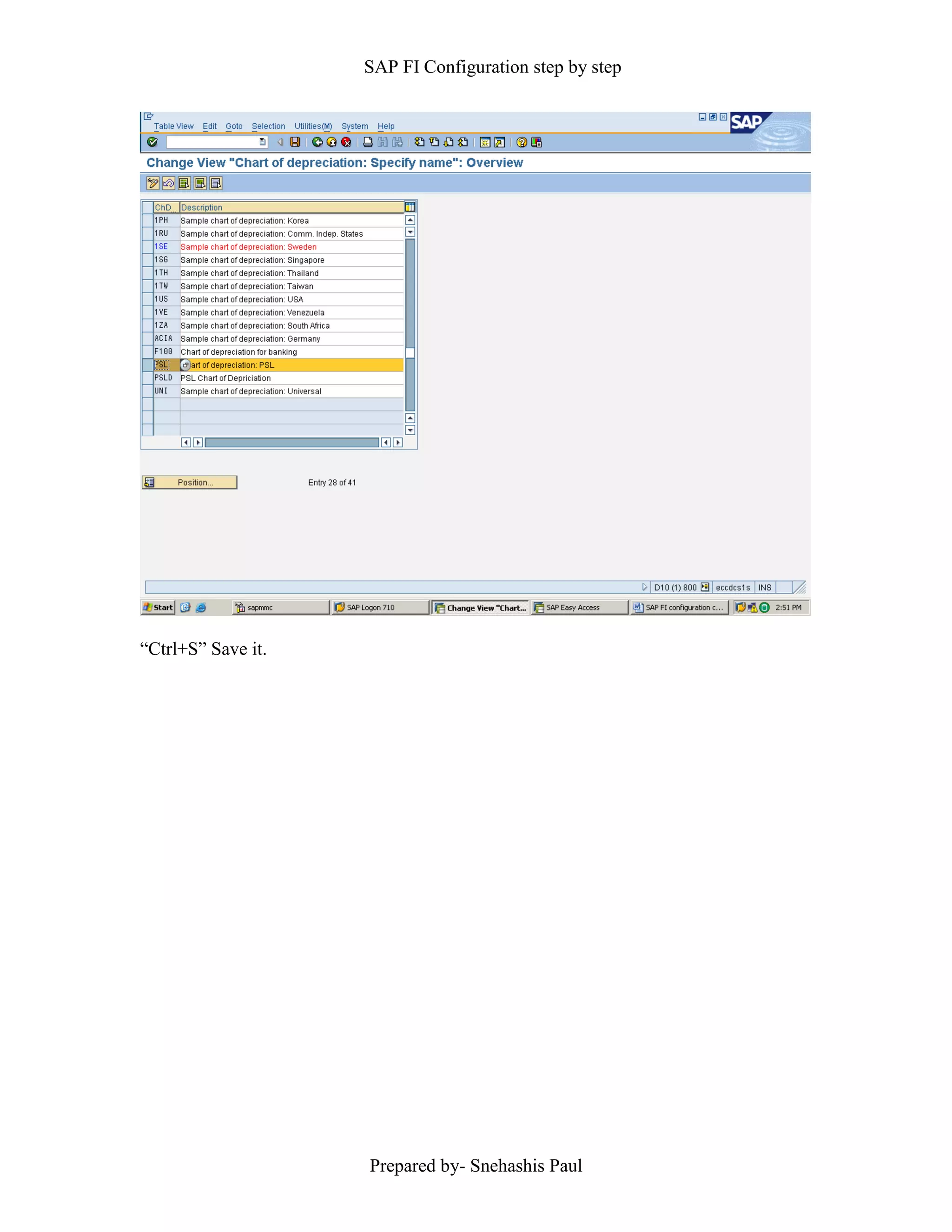 SAP FI Configuration step by step
Prepared by- Snehashis Paul
“Ctrl+S” Save it.
 