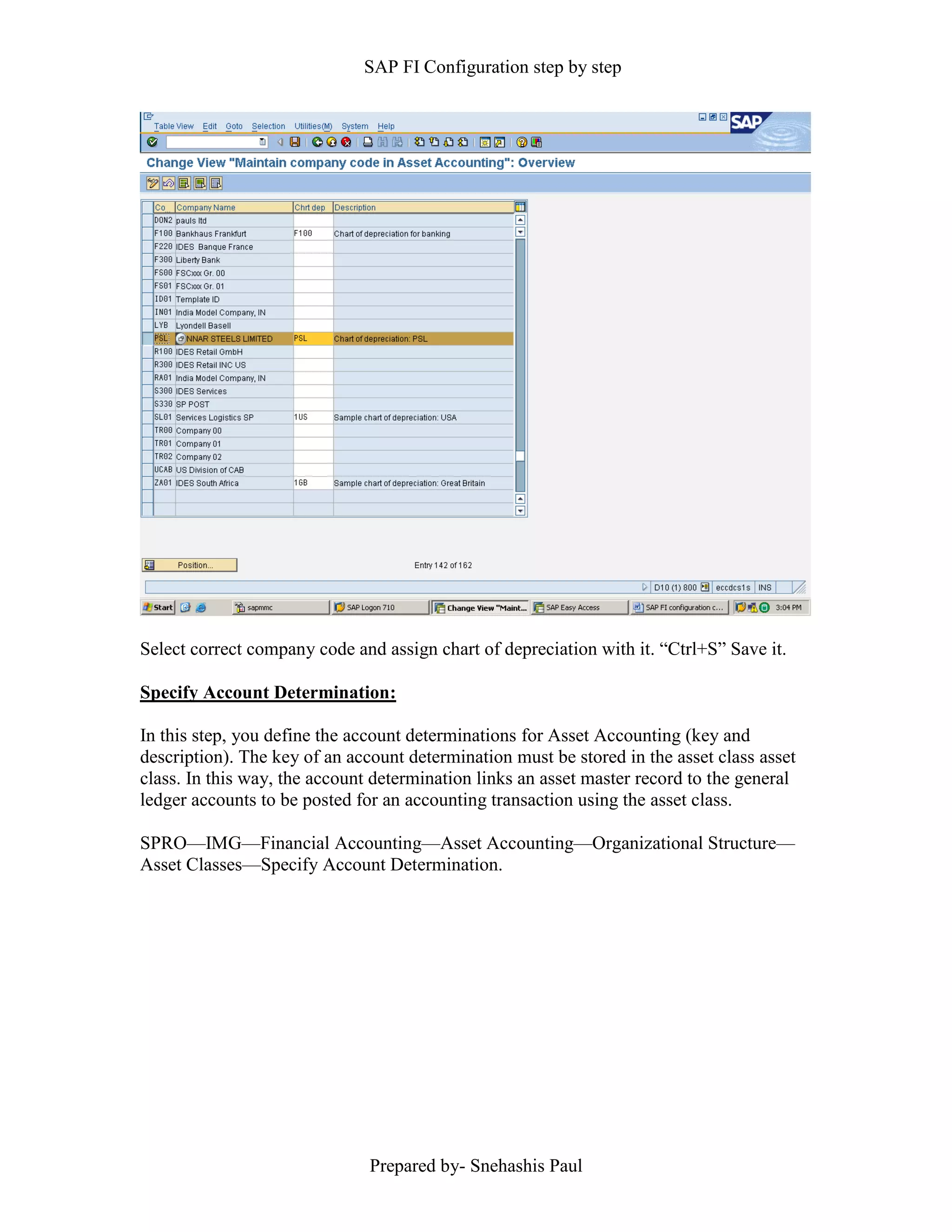 SAP FI Configuration step by step
Prepared by- Snehashis Paul
Select correct company code and assign chart of depreciation with it. “Ctrl+S” Save it.
Specify Account Determination:
In this step, you define the account determinations for Asset Accounting (key and
description). The key of an account determination must be stored in the asset class asset
class. In this way, the account determination links an asset master record to the general
ledger accounts to be posted for an accounting transaction using the asset class.
SPRO––IMG––Financial Accounting––Asset Accounting––Organizational Structure––
Asset Classes––Specify Account Determination.
 