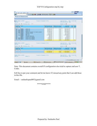 SAP FI Configuration step by step
Prepared by- Snehashis Paul
Note: This document contains overall FI configuration also tried to capture end user T.
Codes.
Fell free to put your comment and let me know if I missed any point that I can add those
in this file.
Email–– snehashispaul007@gmail.com
*****END*****
 