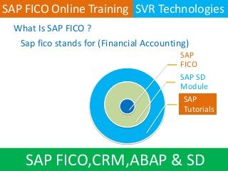 What Is SAP FICO ?
Sap fico stands for (Financial Accounting)
SAP
FICO
SAP SD
Module
SAP
Tutorials
SAP FICO,CRM,ABAP & SD
SAP FICO Online Training SVR Technologies
 