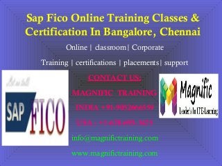 Sap Fico Online Training Classes &
Certification In Bangalore, Chennai
Online | classroom| Corporate
Training | certifications | placements| support
CONTACT US:
MAGNIFIC TRAINING
INDIA +91-9052666559
USA : +1-678-693-3475
info@magnifictraining.com
www.magnifictraining.com
 