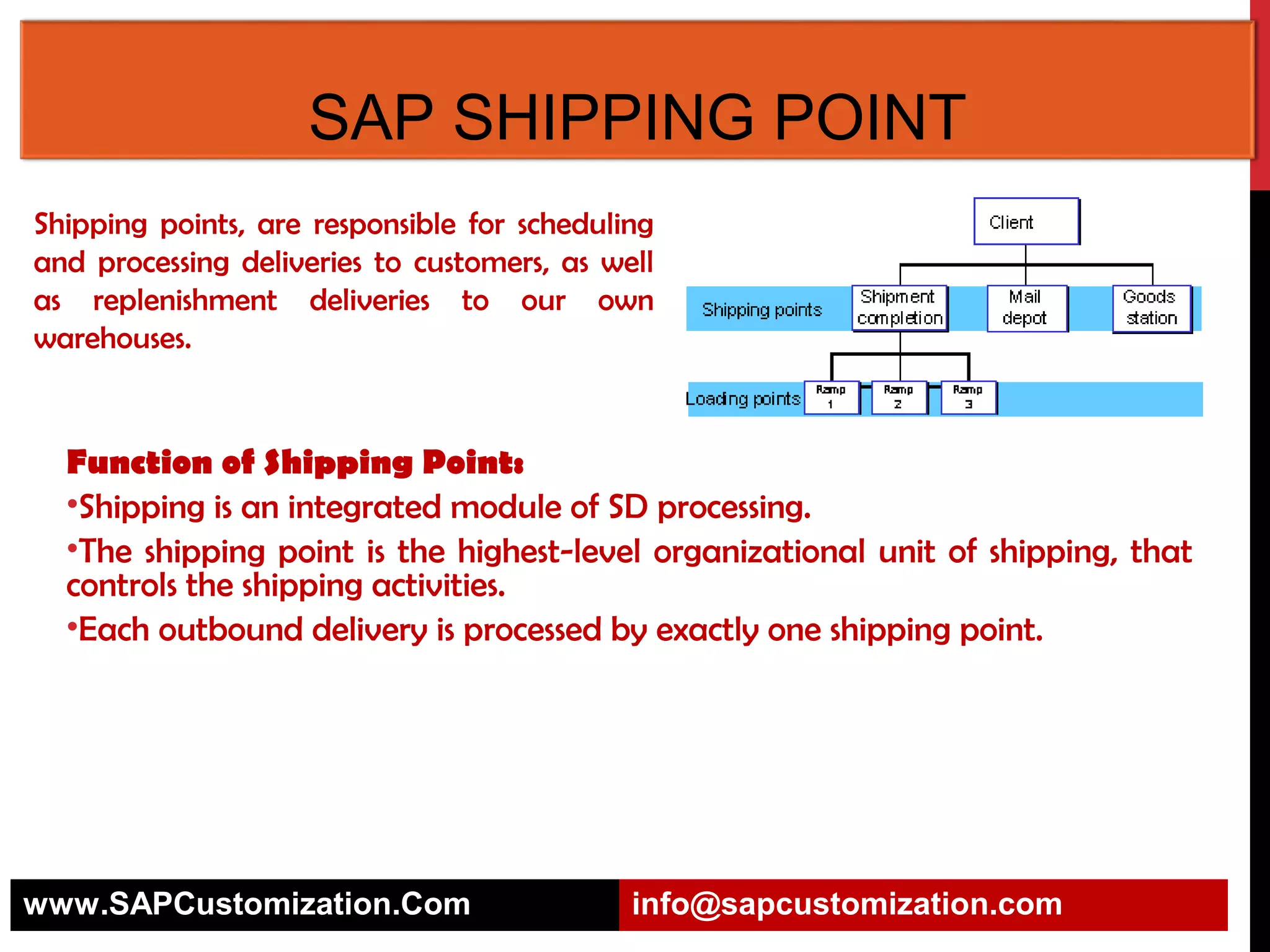 SAP SHIPPING POINT
Shipping points, are responsible for scheduling
and processing deliveries to customers, as well
as replenishment deliveries to our own
warehouses.

Function of Shipping Point:
•Shipping is an integrated module of SD processing.
•The shipping point is the highest-level organizational unit of shipping, that
controls the shipping activities.
•Each outbound delivery is processed by exactly one shipping point.

www.SAPCustomization.Com

info@sapcustomization.com

 