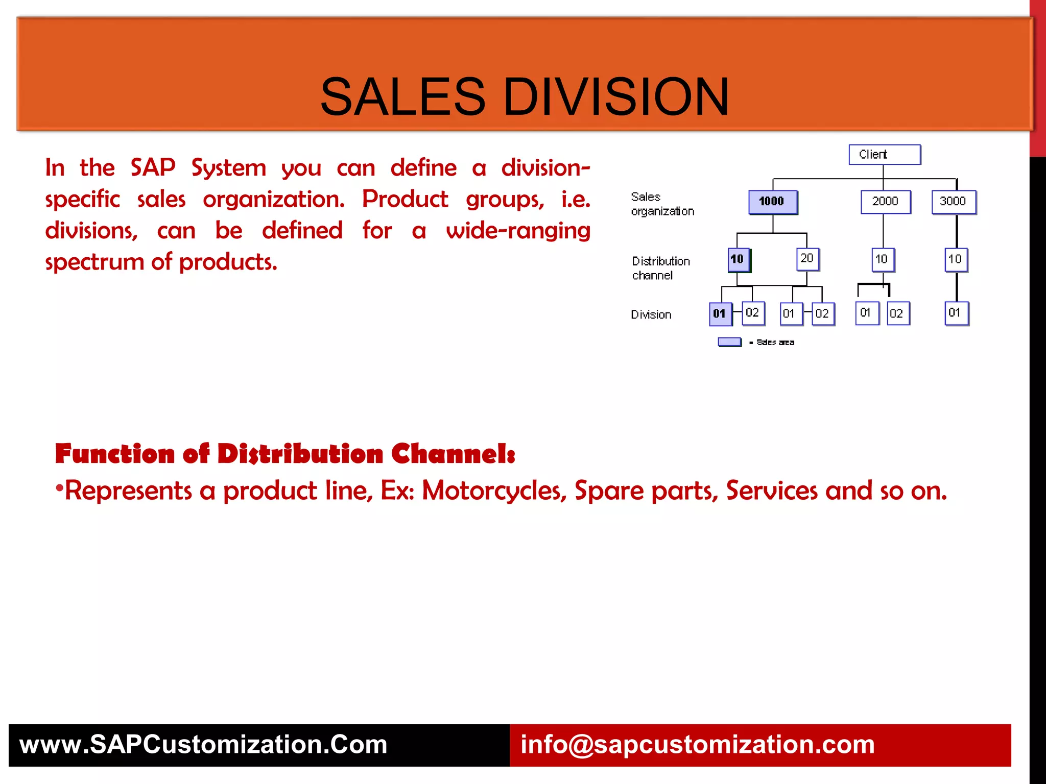 SALES DIVISION
In the SAP System you can define a divisionspecific sales organization. Product groups, i.e.
divisions, can be defined for a wide-ranging
spectrum of products.

Function of Distribution Channel:
•Represents a product line, Ex: Motorcycles, Spare parts, Services and so on.

www.SAPCustomization.Com

info@sapcustomization.com

 