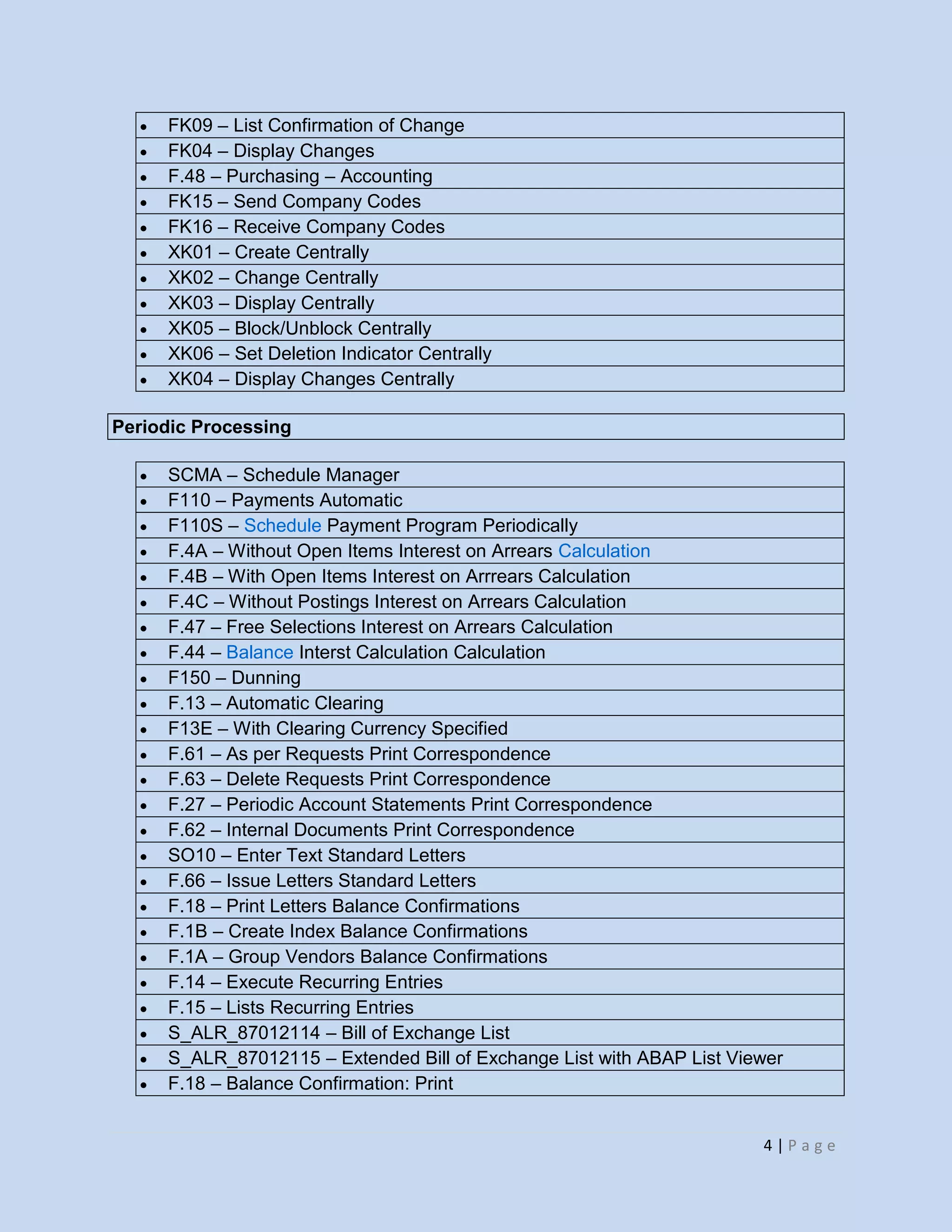 4 | P a g e
FK09 – List Confirmation of Change
FK04 – Display Changes
F.48 – Purchasing – Accounting
FK15 – Send Company Codes
FK16 – Receive Company Codes
XK01 – Create Centrally
XK02 – Change Centrally
XK03 – Display Centrally
XK05 – Block/Unblock Centrally
XK06 – Set Deletion Indicator Centrally
XK04 – Display Changes Centrally
Periodic Processing
SCMA – Schedule Manager
F110 – Payments Automatic
F110S – Schedule Payment Program Periodically
F.4A – Without Open Items Interest on Arrears Calculation
F.4B – With Open Items Interest on Arrrears Calculation
F.4C – Without Postings Interest on Arrears Calculation
F.47 – Free Selections Interest on Arrears Calculation
F.44 – Balance Interst Calculation Calculation
F150 – Dunning
F.13 – Automatic Clearing
F13E – With Clearing Currency Specified
F.61 – As per Requests Print Correspondence
F.63 – Delete Requests Print Correspondence
F.27 – Periodic Account Statements Print Correspondence
F.62 – Internal Documents Print Correspondence
SO10 – Enter Text Standard Letters
F.66 – Issue Letters Standard Letters
F.18 – Print Letters Balance Confirmations
F.1B – Create Index Balance Confirmations
F.1A – Group Vendors Balance Confirmations
F.14 – Execute Recurring Entries
F.15 – Lists Recurring Entries
S_ALR_87012114 – Bill of Exchange List
S_ALR_87012115 – Extended Bill of Exchange List with ABAP List Viewer
F.18 – Balance Confirmation: Print
 