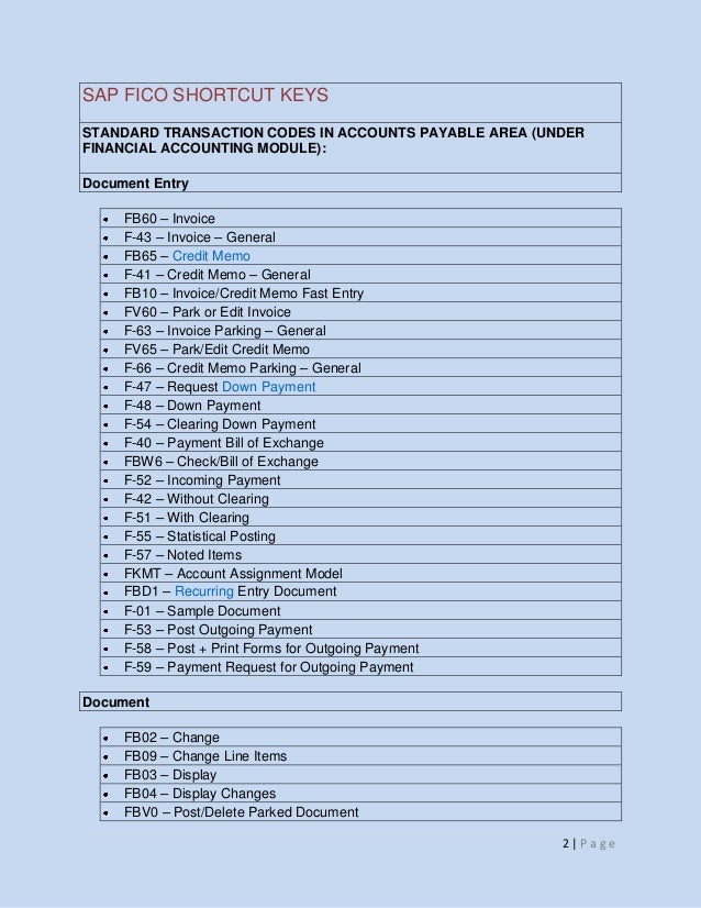 Sap fico shortcut keys