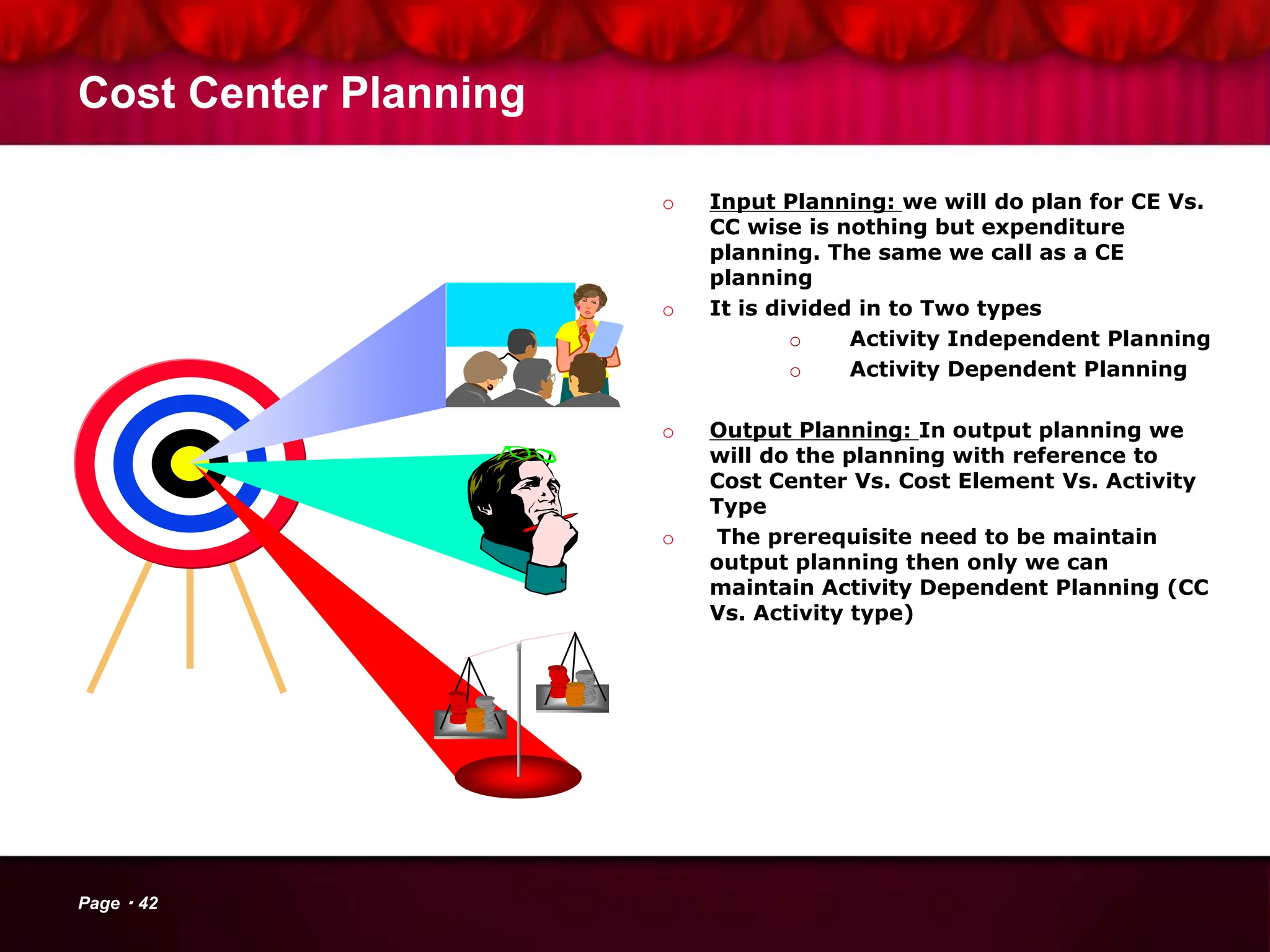 Cost Center Planning
o Input Planning: we will do plan for CE Vs.
CC wise is nothing but expenditure
planning. The same we call as a CE
planning
o It is divided in to Two types
o Activity Independent Planning
o Activity Dependent Planning
o Output Planning: In output planning we
will do the planning with reference to
Cost Center Vs. Cost Element Vs. Activity
Type
o The prerequisite need to be maintain
output planning then only we can
maintain Activity Dependent Planning (CC
Vs. Activity type)
Page 42
 