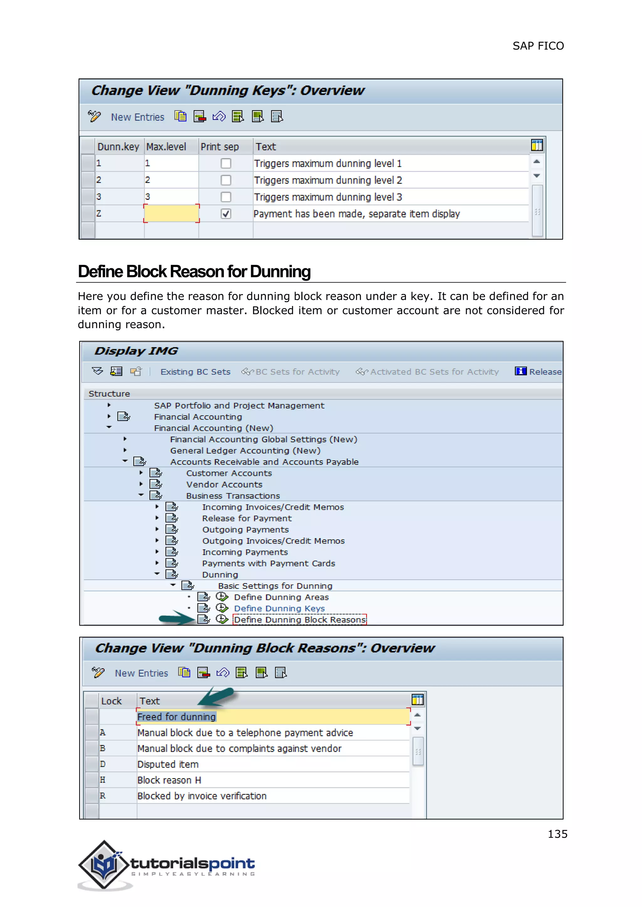 SAP FICO
135
DefineBlockReasonforDunning
Here you define the reason for dunning block reason under a key. It can be defined for an
item or for a customer master. Blocked item or customer account are not considered for
dunning reason.
 