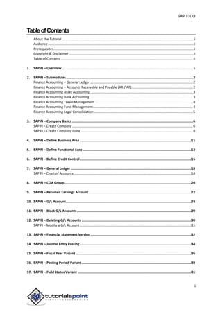 SAP FICO
ii
TableofContents
About the Tutorial ............................................................................................................................................i
Audience...........................................................................................................................................................i
Prerequisites.....................................................................................................................................................i
Copyright & Disclaimer.....................................................................................................................................i
Table of Contents ............................................................................................................................................ ii
1. SAP FI – Overview .....................................................................................................................................1
2. SAP FI – Submodules.................................................................................................................................2
Finance Accounting – General Ledger.............................................................................................................2
Finance Accounting – Accounts Receivable and Payable (AR / AP).................................................................2
Finance Accounting Asset Accounting.............................................................................................................3
Finance Accounting Bank Accounting .............................................................................................................3
Finance Accounting Travel Management........................................................................................................4
Finance Accounting Fund Management..........................................................................................................4
Finance Accounting Legal Consolidation .........................................................................................................5
3. SAP FI – Company Basics...........................................................................................................................6
SAP FI – Create Company ................................................................................................................................6
SAP FI – Create Company Code .......................................................................................................................8
4. SAP FI – Define Business Area .................................................................................................................11
5. SAP FI – Define Functional Area ..............................................................................................................13
6. SAP FI – Define Credit Control.................................................................................................................15
7. SAP FI – General Ledger ..........................................................................................................................18
SAP FI – Chart of Accounts ............................................................................................................................18
8. SAP FI – COA Group.................................................................................................................................20
9. SAP FI – Retained Earnings Account........................................................................................................22
10. SAP FI – G/L Account...............................................................................................................................24
11. SAP FI – Block G/L Accounts....................................................................................................................29
12. SAP FI – Deleting G/L Accounts ...............................................................................................................30
SAP FI – Modify a G/L Account ......................................................................................................................31
13. SAP FI – Financial Statement Version......................................................................................................32
14. SAP FI – Journal Entry Posting.................................................................................................................34
15. SAP FI – Fiscal Year Variant .....................................................................................................................36
16. SAP FI – Posting Period Variant...............................................................................................................38
17. SAP FI – Field Status Variant ...................................................................................................................41
 