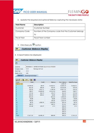 FICO USER MANUAL
KS.JAYACHANDRAN – SAP FI 108
2. Update the required and optional fields by capturing the necessary data:
Field Name Description
Customer Customer Number
Company Code Number of the Company code that the Customer belongs
to
Fiscal Year Fiscal Year number
3. Click Execute button
4. A report below be displayed
 
