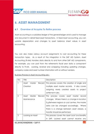 FICO USER MANUAL
KS.JAYACHANDRAN – SAP FI 119
6. ASSET MANAGEMENT
6.1 Overview of Acquire To Retire process
Asset accounting is a subsidiary ledger of the general ledger and is used to manage
and document in detail fixed asset transactions. In fixed Asset accounting, you can
update depreciation and changes to asset balance sheet values in asset
accounting.
You can also make various account assignments to cost accounting for these
transaction types. As a result of the integration in the SAP AG System, Asset
Accounting (FI-AA) transfers data directly to and from other SAP AG components.
For example, you can post from the retirements fiscal year data a component
directly to FI-AA. Locking, reversal and scrapping including updating changes,
company codes and asset number information with or without vendors.
Business Process in Asset Accounting are :
No. Title Description
1 Asset master Record
Creation
This process covers the creation of single and
multiple asset master records. It also covers
assigning newly created assets to project
settlement rules.
2 Asset Master Record
Maintenance
This process covers asset master record
changes. Where there is a change in location
E.g Between regions or cost centres, the master
data can be changed accordingly. Where
there is a change between asset classes, a
transfer should be performed.
3 Locking an Asset This process covers the asset Lock functionality
in SAP. Locked asset cannot receive any
 