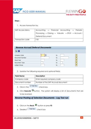 FICO USER MANUAL
KS.JAYACHANDRAN – SAP FI 32
Steps :
1. Access transaction by:
SAP Access Menu Accounting → Financial Accounting → Periodic
Processing → Closing → Valuate → EF.81 → Accrual /
Deferral Document
Transaction code F.81
2. Update the following required and optional fields:
Field Name Description
Company code Enter required company code
Document number Number of the SAP Accrual document
3. Click in the check box.
4. Click Execute button. The system will display a list of documents that are
to be reversed.
5. Click on the Back button or press F3
6. Deselect check box
Reverse Posting of Selection Documents : Log Test run
 