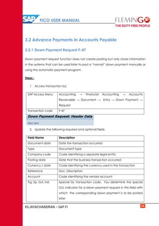 FICO USER MANUAL
KS.JAYACHANDRAN – SAP FI 64
3.2 Advance Payments in Accounts Payable
3.2.1 Down Payment Request F-47
Down payment request function does not create posting but only stores information
in the systems that can be used later to post a “normal” down payment manually or
using the automatic payment program.
Steps :
1. Access transaction by:
SAP Access Menu Accounting → Financial Accounting → Accounts
Receivable → Document → Entry → Down Payment →
Request
Transaction code F-47
2. Update the following required and optional fields
Field Name Description
Document date Date the transaction occurred
Type Document type
Company code Code identifying a separate legal entity
Posting date Date that the business transaction occurred
Currency / date Code identifying the currency used in the transaction
Reference Doc. Description
Account Code identifying the vendor account
Trg. Sp. G/L ind. Special GL transaction code. You determine the special
G/L indicator for a down payment request in this field with
which the corresponding down payment is to be posted
later
 