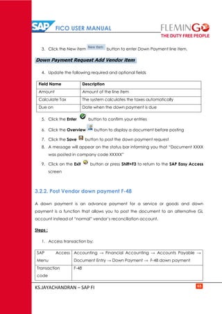 FICO USER MANUAL
KS.JAYACHANDRAN – SAP FI 65
3. Click the New item button to enter Down Payment line item.
4. Update the following required and optional fields
Field Name Description
Amount Amount of the line item
Calculate Tax The system calculates the taxes automatically
Due on Date when the down payment is due
5. Click the Enter button to confirm your entries
6. Click the Overview button to display a document before posting
7. Click the Save button to post the down payment request
8. A message will appear on the status bar informing you that “Document XXXX
was posted in company code XXXXX”
9. Click on the Exit button or press Shift+F3 to return to the SAP Easy Access
screen
3.2.2. Post Vendor down payment F-48
A down payment is an advance payment for a service or goods and down
payment is a function that allows you to post the document to an alternative GL
account instead of “normal” vendor’s reconciliation account.
Steps :
1. Access transaction by:
SAP Access
Menu
Accounting → Financial Accounting → Accounts Payable →
Document Entry → Down Payment → F-48 down payment
Transaction
code
F-48
 