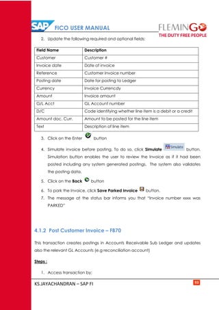 FICO USER MANUAL
KS.JAYACHANDRAN – SAP FI 93
2. Update the following required and optional fields:
Field Name Description
Customer Customer #
Invoice date Date of invoice
Reference Customer Invoice number
Posting date Date for posting to Ledger
Currency Invoice Currencdy
Amount Invoice amount
G/L Acct GL Account number
D/C Code identifying whether line item is a debit or a credit
Amount doc. Curr. Amount to be posted for the line item
Text Description of line item
3. Click on the Enter button
4. Simulate invoice before posting. To do so, click Simulate button.
Simulation button enables the user to review the Invoice as if it had been
posted including any system generated postings. The system also validates
the posting data.
5. Click on the Back button
6. To park the Invoice, click Save Parked Invoice button.
7. The message at the status bar informs you that “Invoice number xxxx was
PARKED”
4.1.2 Post Customer Invoice – FB70
This transaction creates postings in Accounts Receivable Sub Ledger and updates
also the relevant GL Accounts (e.g reconciliation account)
Steps :
1. Access transaction by:
 