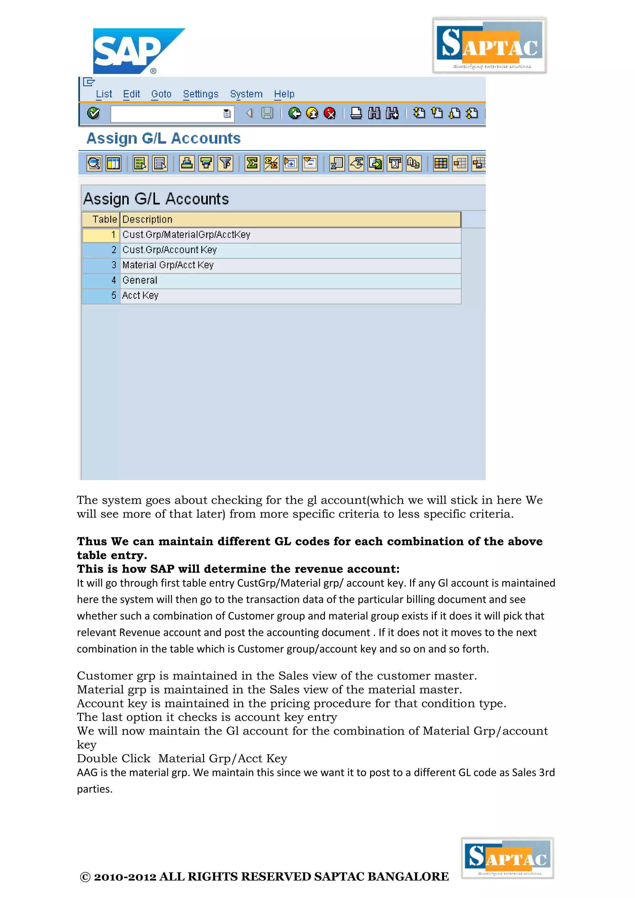 © 2010-2012 ALL RIGHTS RESERVED SAPTAC BANGALORE 
The system goes about checking for the gl account(which we will stick in here We will see more of that later) from more specific criteria to less specific criteria. 
Thus We can maintain different GL codes for each combination of the above table entry. 
This is how SAP will determine the revenue account: 
It will go through first table entry CustGrp/Material grp/ account key. If any Gl account is maintained here the system will then go to the transaction data of the particular billing document and see whether such a combination of Customer group and material group exists if it does it will pick that relevant Revenue account and post the accounting document . If it does not it moves to the next combination in the table which is Customer group/account key and so on and so forth. 
Customer grp is maintained in the Sales view of the customer master. 
Material grp is maintained in the Sales view of the material master. 
Account key is maintained in the pricing procedure for that condition type. 
The last option it checks is account key entry 
We will now maintain the Gl account for the combination of Material Grp/account key 
Double Click Material Grp/Acct Key 
AAG is the material grp. We maintain this since we want it to post to a different GL code as Sales 3rd parties.  