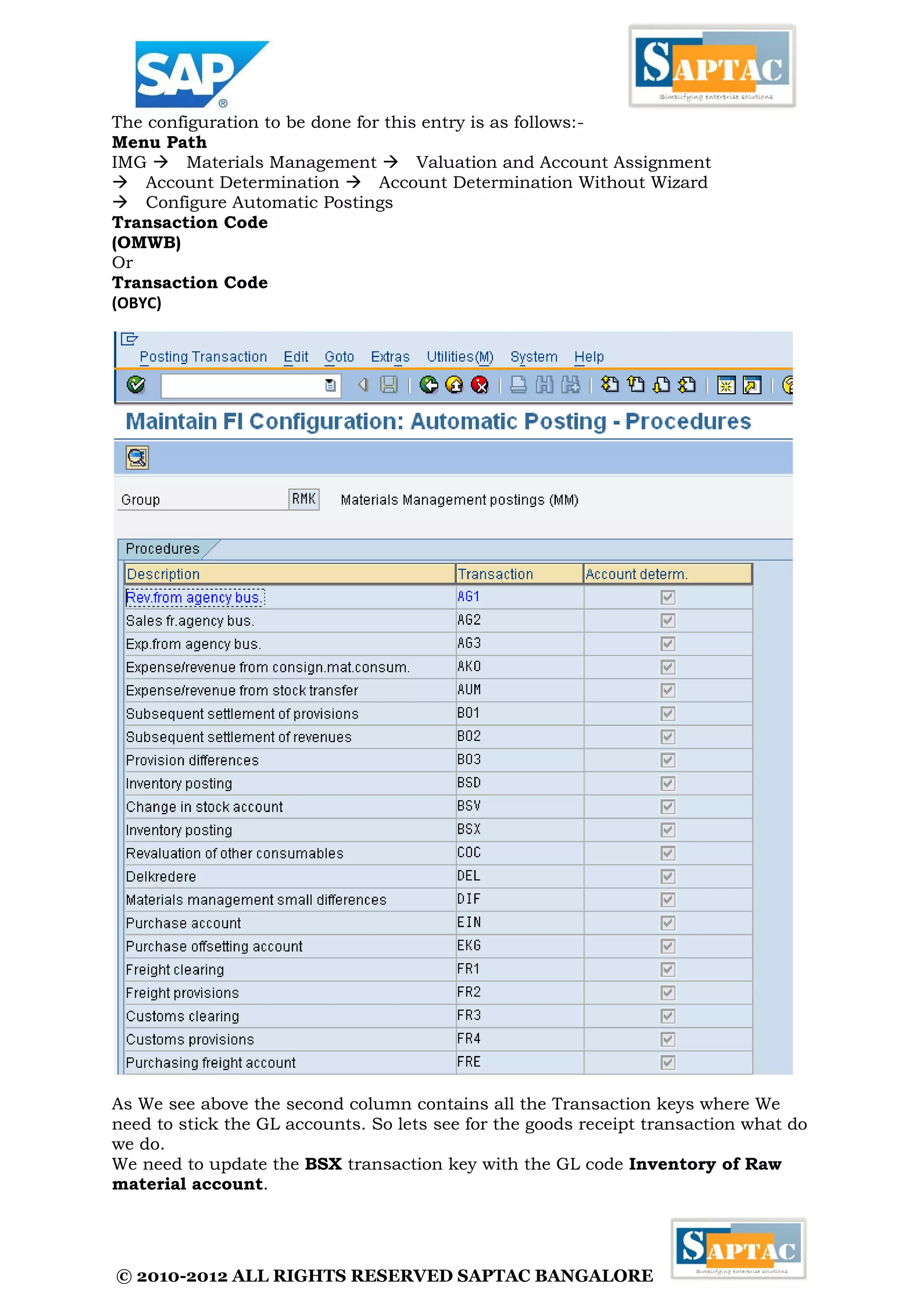 © 2010-2012 ALL RIGHTS RESERVED SAPTAC BANGALORE 
The configuration to be done for this entry is as follows:- 
Menu Path 
IMG Materials Management Valuation and Account Assignment Account Determination Account Determination Without Wizard Configure Automatic Postings 
Transaction Code 
(OMWB) 
Or 
Transaction Code 
(OBYC) 
As We see above the second column contains all the Transaction keys where We need to stick the GL accounts. So lets see for the goods receipt transaction what do we do. 
We need to update the BSX transaction key with the GL code Inventory of Raw material account.  