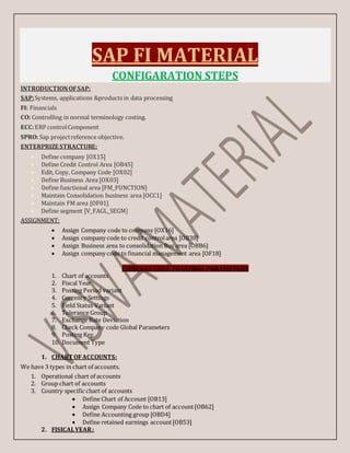 SAP FI MATERIAL
CONFIGARATION STEPS
INTRODUCTIONOFSAP:
SAP:Systems, applications &products in data processing
FI: Financials
CO: Controlling in normal terminology costing.
ECC:ERP controlComponent
SPRO: Sap projectreference objective.
ENTERPRIZE STRACTURE:
 Define company [OX15]
 Define Credit Control Area [OB45]
 Edit, Copy, Company Code [OX02]
 Define Business Area [OX03]
 Define functional area [FM_FUNCTION]
 Maintain Consolidation business area [OCC1]
 Maintain FM area [OF01]
 Define segment [V_FAGL_SEGM]
ASSIGNMENT:
 Assign Company code to company [OX16]
 Assign company code to credit controlarea [OB38]
 Assign Business area to consolidation Bus area [OBB6]
 Assign company code to financial management area [OF18]
COMPANY CODE TO GLOBAL PARAMETERS
1. Chart of accounts
2. Fiscal Year
3. Posting Period variant
4. Currency Settings
5. Field Status Variant
6. Tolerance Group
7. Exchange Rate Deviation
8. Check Company code Global Parameters
9. Posting Key
10. Document Type
1. CHART OFACCOUNTS:
We have 3 types in chart of accounts.
1. Operational chart of accounts
2. Group chart of accounts
3. Country specific chart of accounts
 Define Chart of Account [OB13]
 Assign Company Code to chart of account[OB62]
 Define Accounting group [OBD4]
 Define retained earnings account[OB53]
2. FISICALYEAR:
 