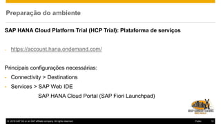 © 2016 SAP SE or an SAP affiliate company. All rights reserved. 10Public
Preparação do ambiente
SAP HANA Cloud Platform Trial (HCP Trial): Plataforma de serviços
- https://account.hana.ondemand.com/
Principais configurações necessárias:
• Connectivity > Destinations
• Services > SAP Web IDE
SAP HANA Cloud Portal (SAP Fiori Launchpad)
 