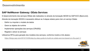© 2016 SAP SE or an SAP affiliate company. All rights reserved. 21Public
Desenvolvimento
SAP NetWeaver Gateway: OData Services
O desenvolvimento dos serviços OData são realizados no através da transação SEGW do SAP ECC (Back-end).
Através da transação SEGW é necessário efetuar as 4 etapas abaixo para criar um serviço Odata:
• Definir ou importar o modelo de dados
• Gerar os objetos de runtime
• Implementar operações dos serviços (CRUDQ)
• Registar e ativar os serviços
Utilizamos RFCs para geração dos modelos dos serviços, conforme mostra o link abaixo:
- https://blogs.sap.com/2012/10/26/step-by-step-guide-to-build-an-odata-service-based-on-rfcs-part-1/
 