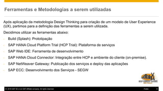 © 2016 SAP SE or an SAP affiliate company. All rights reserved. 8Public
Ferramentas e Metodologias a serem utilizadas
Após aplicação da metodologia Design Thinking para criação de um modelo de User Experience
(UX), partimos para a definição das ferramentas a serem utilizada.
Decidimos utilizar as ferramentas abaixo:
- Build (Splash): Prototipação
- SAP HANA Cloud Platform Trial (HCP Trial): Plataforma de serviços
- SAP Web IDE: Ferramenta de desenvolvimento
- SAP HANA Cloud Connector: Integração entre HCP e ambiente do cliente (on-premise).
- SAP NetWeaver Gateway: Publicação dos serviços e deploy das aplicações
- SAP ECC: Desenvolvimento dos Serviços - SEGW
 