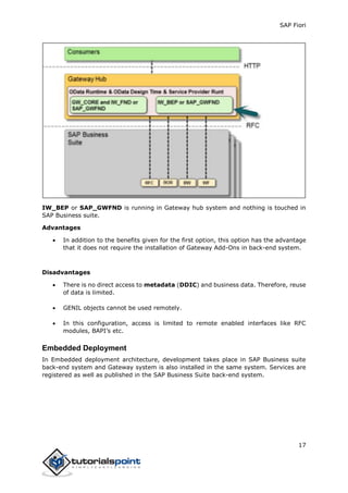SAP Fiori
17
IW_BEP or SAP_GWFND is running in Gateway hub system and nothing is touched in
SAP Business suite.
Advantages
 In addition to the benefits given for the first option, this option has the advantage
that it does not require the installation of Gateway Add-Ons in back-end system.
Disadvantages
 There is no direct access to metadata (DDIC) and business data. Therefore, reuse
of data is limited.
 GENIL objects cannot be used remotely.
 In this configuration, access is limited to remote enabled interfaces like RFC
modules, BAPI’s etc.
Embedded Deployment
In Embedded deployment architecture, development takes place in SAP Business suite
back-end system and Gateway system is also installed in the same system. Services are
registered as well as published in the SAP Business Suite back-end system.
 