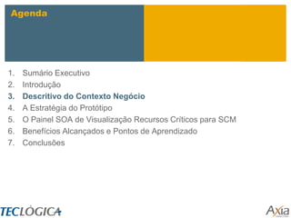Agenda




1.   Sumário Executivo
2.   Introdução
3.   Descritivo do Contexto Negócio
4.   A Estratégia do Protótipo
5.   O Painel SOA de Visualização Recursos Críticos para SCM
6.   Benefícios Alcançados e Pontos de Aprendizado
7.   Conclusões
 