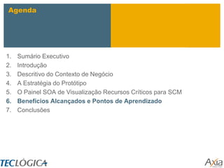Agenda




1.   Sumário Executivo
2.   Introdução
3.   Descritivo do Contexto de Negócio
4.   A Estratégia do Protótipo
5.   O Painel SOA de Visualização Recursos Críticos para SCM
6.   Benefícios Alcançados e Pontos de Aprendizado
7.   Conclusões
 