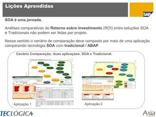 Lições Aprendidas

SOA é uma jornada.

Análises comparativas de Retorno sobre Investimento (ROI) entre soluções SOA
e Tradicionais não podem ser feitas por projeto.

Nesse sentido o cenário de comparação deve composto por mais de uma aplicação
comparando tecnologia SOA com tradicional / ABAP.

     Cenário Comparação: duas aplicações, SOA e Tradicional.




    Aplicação 1                             Aplicação 2
 