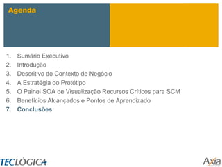 Agenda




1.   Sumário Executivo
2.   Introdução
3.   Descritivo do Contexto de Negócio
4.   A Estratégia do Protótipo
5.   O Painel SOA de Visualização Recursos Críticos para SCM
6.   Benefícios Alcançados e Pontos de Aprendizado
7.   Conclusões
 