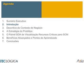 Agenda




1.   Sumário Executivo
2.   Introdução
3.   Descritivo do Contexto de Negócio
4.   A Estratégia do Protótipo
5.   O Painel SOA de Visualização Recursos Críticos para SCM
6.   Benefícios Alcançados e Pontos de Aprendizado
7.   Conclusões
 