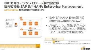 NRIセキュアテクノロジーズ株式会社様
国内初稼働 SAP S/4HANA Enterprise Management
powered by 株式会社野村総合研究所
- 32 -
• SAP S/4HANA EMの国内初
稼働の導入事例もon AWS
• AWSにより、開発/テストの
生産性が大幅に向上、容易な
リソース拡張で柔軟な対応
 