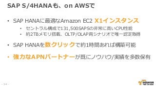 SAP S/4HANAも、on AWSで
• SAP HANAに最適なAmazon EC2 X1インスタンス
• セントラル構成で131,500SAPSの非常に高いCPU性能
• 約2TBメモリ搭載、OLTP/OLAP両シナリオで唯一認定取得
• SAP HANAを数クリックで約1時間あれば構築可能
• 強力なAPNパートナーが既にノウハウ/実績を多数保有
- 34 -
 