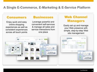 A Single E-Commerce, E-Marketing & E-Service Platform


  Consumers                 Businesses                 Web Channel
  Enjoy quick and easy      Leverage powerful and       Managers
    online shopping        convenient self-services
                                                       Easily set up and manage
 experiences as well as    & manage all sales and
                                                        your Web presence with
 consistent experiences    service interactions from
                                                       simple, step-by-step Web
 across all touch points          one place
                                                           site management




                                                                       Confidential   19
 